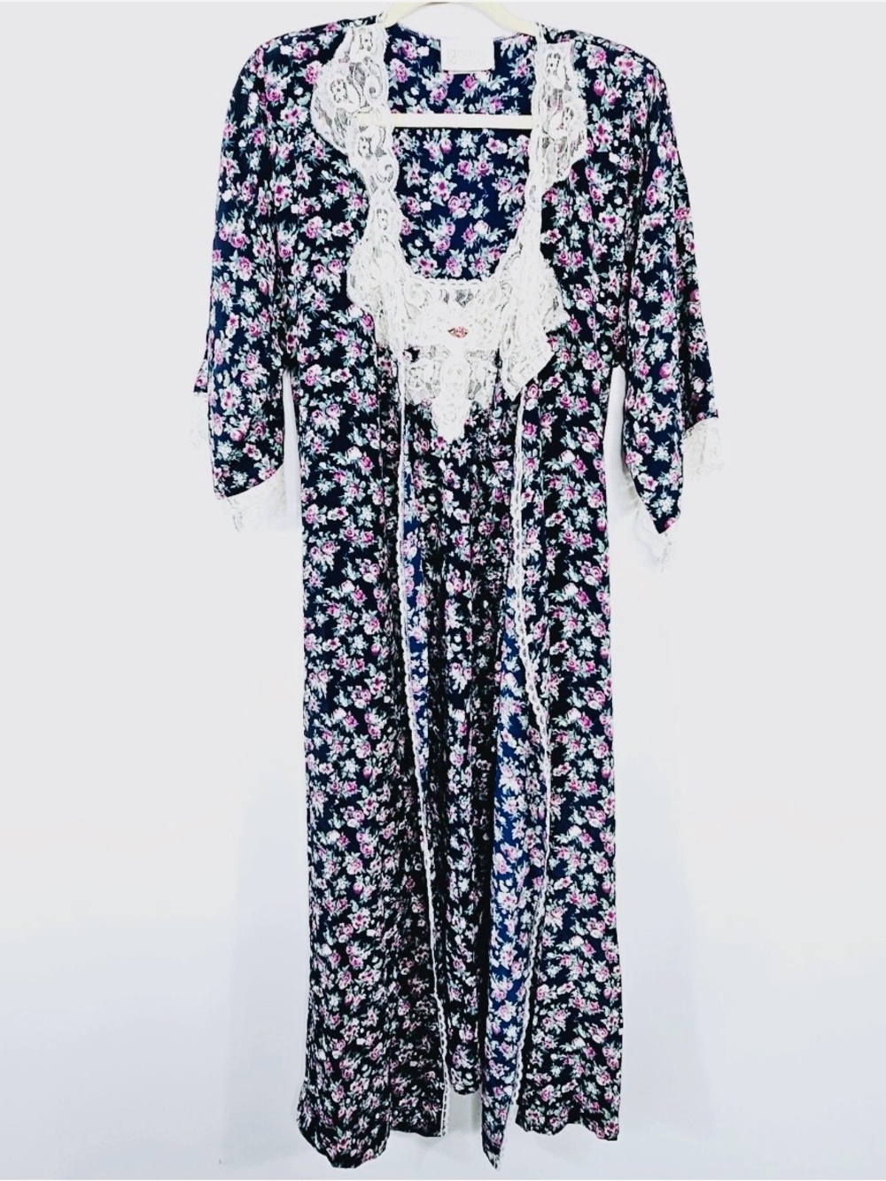 Vintage California Dynasty Floral Peignoir Robe Nightgown Cottagecore 2pc Lace S - Picture 2 of 10